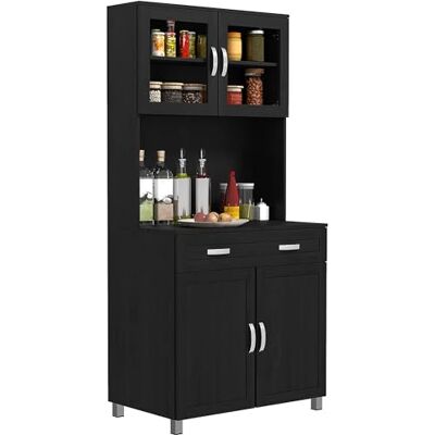 HOMCOM Buffet haut cuisine, armoire de cuisine, vaisselier, 4 portes dont 2 en verre, tiroir, plan de travail, étagères réglables, meuble de rangement pour salon salle à manger, 80x48x170cm, noir HOMCOM Buffet haut cuisine, armoire de cuisine, vaisselier, 4 portes dont 2 en verre, tiroir, plan de travail, étagères réglables, meuble de rangement pour salon salle à manger, 80x48x170cm, noir