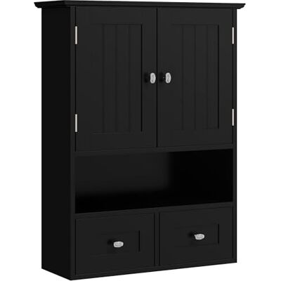 kleankin Armoire murale de salle de bain, 50,8l x 17,8P x 66H cm, Noir Armoire de Toilette, Portes Doubles, Étagère Ouverte, 2 Tiroirs pour Ranger kleankin Armoire murale de salle de bain, 50,8l x 17,8P x 66H cm, Noir Armoire de Toilette, Portes Doubles, Étagère Ouverte, 2 Tiroirs pour Ranger