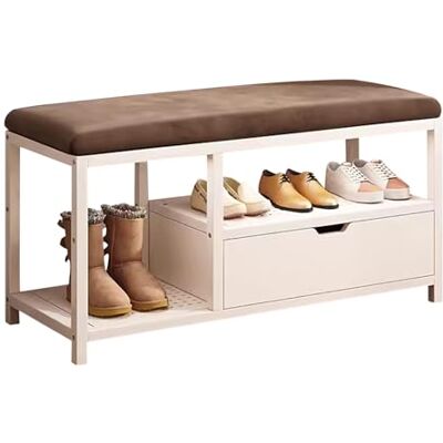 Guyifuny Banc à chaussures d'entrée avec tiroir de rangement et coussin d'assise en velours, banc de rangement en métal, organisateur de chaussures rembourré pour entrée, couloir et chambre, marron, Guyifuny Banc à chaussures d'entrée avec tiroir de rangement et coussin d'assise en velours, banc de rangement en métal, organisateur de chaussures rembourré pour entrée, couloir et chambre, marron,