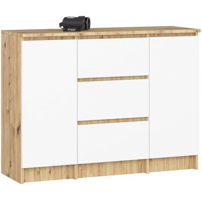 AKORD Commode K100 avec 3 tiroirs, armoire avec 2 portes, 4 étagères, pour le salon, la chambre à coucher, moderne, panneau laminé de 16 mm, l 101 x H 76 x P 35 cm, couleur chêne artisanal et blanc AKORD Commode K100 avec 3 tiroirs, armoire avec 2 portes, 4 étagères, pour le salon, la chambre à coucher, moderne, panneau laminé de 16 mm, l 101 x H 76 x P 35 cm, couleur chêne artisanal et blanc