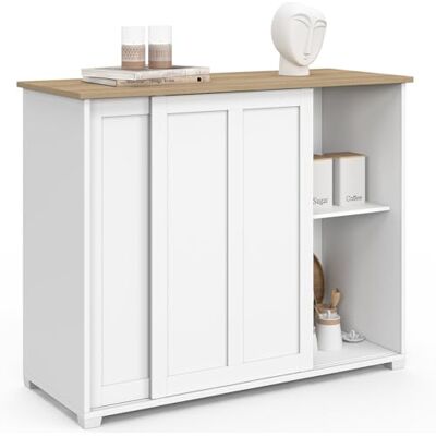 IDMarket Buffet JANGO 100 cm avec 2 portes coulissantes blanches et plateau en bois IDMarket Buffet JANGO 100 cm avec 2 portes coulissantes blanches et plateau en bois