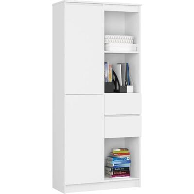 AKORD Bibliothèque R15 à 7 étagères, 2 tiroirs et portes, pour documents, livres, pour une chambre à coucher, bibliothèque, plaque laminée de 16 mm, blanche AKORD Bibliothèque R15 à 7 étagères, 2 tiroirs et portes, pour documents, livres, pour une chambre à coucher, bibliothèque, plaque laminée de 16 mm, blanche