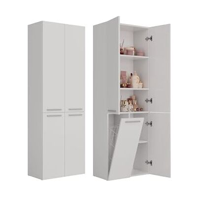 CDF Armoire Haute Salle de Bain Meuble Colonne de Salle de Bain Armoire de Rangement à 4 Portes avec Etagère Réglable pour Salon Cuisine 60x30x174 cm Blanc 1 Panier à Linge CDF Armoire Haute Salle de Bain Meuble Colonne de Salle de Bain Armoire de Rangement à 4 Portes avec Etagère Réglable pour Salon Cuisine 60x30x174 cm Blanc 1 Panier à Linge