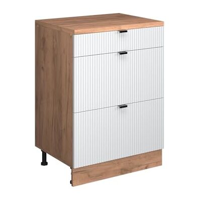 Vicco Commode d'extension "Rion", Blanc cannelé/Chêne doré, 60x46cm sans pente avec 3 tiroirs, combinable avec les armoires sous pente et modules d'armoire Rion Vicco Commode d'extension "Rion", Blanc cannelé/Chêne doré, 60x46cm sans pente avec 3 tiroirs, combinable avec les armoires sous pente et modules d'armoire Rion