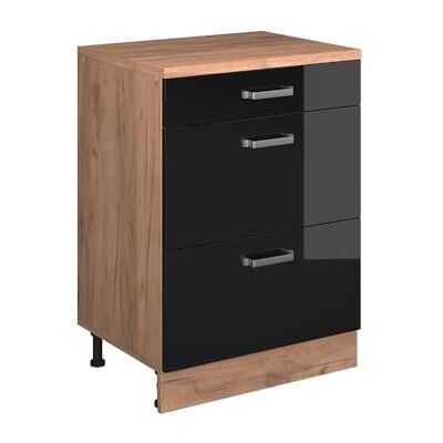 Vicco Commode d'extension "Rion", Noir Brillant/Chêne doré, 60x46cm sans pente avec 3 tiroirs, combinable avec les armoires sous pente et modules d'armoire Rion Vicco Commode d'extension "Rion", Noir Brillant/Chêne doré, 60x46cm sans pente avec 3 tiroirs, combinable avec les armoires sous pente et modules d'armoire Rion