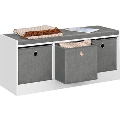 WOLTU Pouf de rangement, meuble d'entrée avec 3 tiroirs en tissu, banc à chaussures avec siège rembourré, boîte de rangement ottomane, pour salon, blanc + gris WOLTU Pouf de rangement, meuble d'entrée avec 3 tiroirs en tissu, banc à chaussures avec siège rembourré, boîte de rangement ottomane, pour salon, blanc + gris