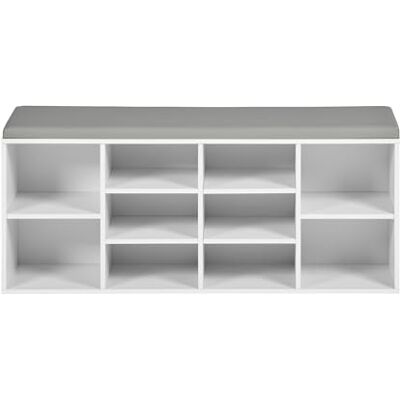 HOMYLIN Banc à chaussures avec coussin, rangement à chaussures avec 10 compartiments, organisateur de chaussures avec siège rembourré, pour chambre à coucher, armoire, salon, blanc HOMYLIN Banc à chaussures avec coussin, rangement à chaussures avec 10 compartiments, organisateur de chaussures avec siège rembourré, pour chambre à coucher, armoire, salon, blanc