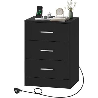 WOLTU Table de chevet avec fonction de charge, prise de courant, 3 tiroirs, table de nuit, table de chevet pour chambre à coucher, salon, couloir, bureau Noir moderne WOLTU Table de chevet avec fonction de charge, prise de courant, 3 tiroirs, table de nuit, table de chevet pour chambre à coucher, salon, couloir, bureau Noir moderne