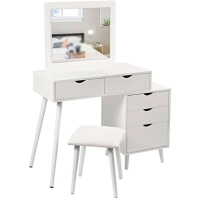 CAFIEDR Coiffeuse cosmétique avec tabouret de maquillage, commode de chambre à coucher, table de chevet à 2 tiroirs pour un grand rangement (D, gris clair) CAFIEDR Coiffeuse cosmétique avec tabouret de maquillage, commode de chambre à coucher, table de chevet à 2 tiroirs pour un grand rangement (D, gris clair)