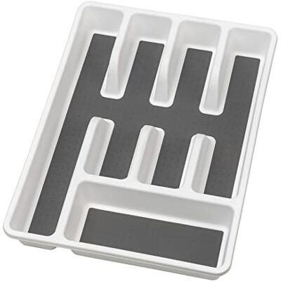 WENKO Range-couverts antidérapant à 5 compartiments, en plastique robuste avec compartiments antidérapants, 26,5 x 36,5 x 5 cm, blanc/gris WENKO Range-couverts antidérapant à 5 compartiments, en plastique robuste avec compartiments antidérapants, 26,5 x 36,5 x 5 cm, blanc/gris