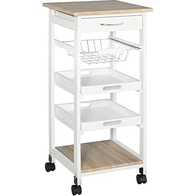 HOMCOM Chariot de Service desserte de Cuisine à roulettes Panier + 2 Plateaux Amovibles, tiroir, étagère MDF chêne Clair Bois pin Blanc HOMCOM Chariot de Service desserte de Cuisine à roulettes Panier + 2 Plateaux Amovibles, tiroir, étagère MDF chêne Clair Bois pin Blanc