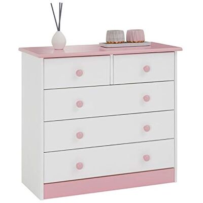 IDIMEX Commode Rondo Beau buffet pratique avec 5 tiroirs En pin massif blanc/rose Commode intemporelle avec poignées en bois IDIMEX Commode Rondo Beau buffet pratique avec 5 tiroirs En pin massif blanc/rose Commode intemporelle avec poignées en bois