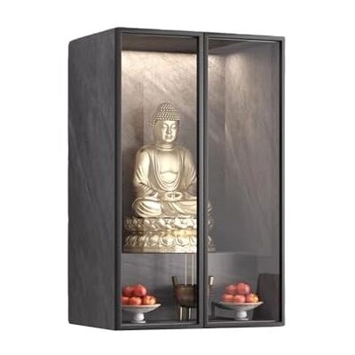 GEK208130 Support de sanctuaire Vitrine de méditation moderne de luxe avec porte vitrée, niche murale en bois représentant un Bouddha Table d'autel GEK208130 Support de sanctuaire Vitrine de méditation moderne de luxe avec porte vitrée, niche murale en bois représentant un Bouddha Table d'autel