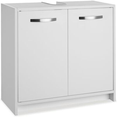 tectake Meuble de salle de bain sous évier avec grand compartiment, portes avec poignées en métal et fermeture magnétique, armoire de rangement moderne avec protection des bords pour découpe de siphon tectake Meuble de salle de bain sous évier avec grand compartiment, portes avec poignées en métal et fermeture magnétique, armoire de rangement moderne avec protection des bords pour découpe de siphon