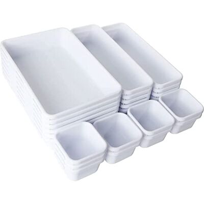GOYADA 24 Pcs Organisateur Tiroir Bureau en Plastique Rangement Cuisine Blanc 3 Tailles Plateaux GOYADA 24 Pcs Organisateur Tiroir Bureau en Plastique Rangement Cuisine Blanc 3 Tailles Plateaux