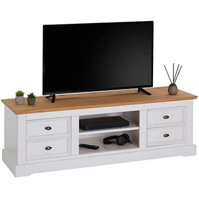IDIMEX Meuble TV Kent L 144 cm en Bois Massif Blanc et Brun avec Rangement 4 tiroirs et 2 niches pour télévision jusqu'à 60 Pouces 144 x 46 x 45 cm IDIMEX Meuble TV Kent L 144 cm en Bois Massif Blanc et Brun avec Rangement 4 tiroirs et 2 niches pour télévision jusqu'à 60 Pouces 144 x 46 x 45 cm