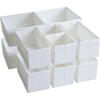 TYEERS Lot de 12 organiseurs de tiroir en tissu durable, lavable, avec planches de support de base, petites boîtes de rangement pour salle de bain, armoire, commode, blanc TYEERS Lot de 12 organiseurs de tiroir en tissu durable, lavable, avec planches de support de base, petites boîtes de rangement pour salle de bain, armoire, commode, blanc