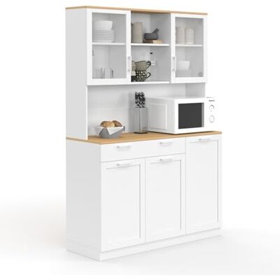 IDMarket Buffet de Cuisine vitré 120 cm VITO 5 Portes + 1 tiroir Blanc et Plateau façon hêtre IDMarket Buffet de Cuisine vitré 120 cm VITO 5 Portes + 1 tiroir Blanc et Plateau façon hêtre