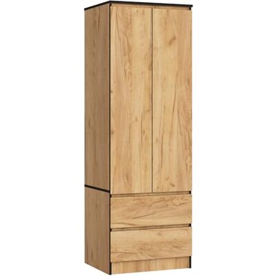 AKORD Star S Penderie 2 portes S 60 cm, 2 tiroirs avec étagères et une tringle à vêtements, pour armoires de chambre à coucher, panneau laminé de 16 mm, chêne artisanal AKORD Star S Penderie 2 portes S 60 cm, 2 tiroirs avec étagères et une tringle à vêtements, pour armoires de chambre à coucher, panneau laminé de 16 mm, chêne artisanal