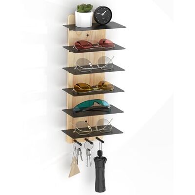 MoKo Organisateur de lunettes de soleil Porte-lunettes en bois Étagère de présentation avec 6 niveaux et 3 crochets Organiseur mural pour entrée, salon, chambre à coucher Bois + noir MoKo Organisateur de lunettes de soleil Porte-lunettes en bois Étagère de présentation avec 6 niveaux et 3 crochets Organiseur mural pour entrée, salon, chambre à coucher Bois + noir