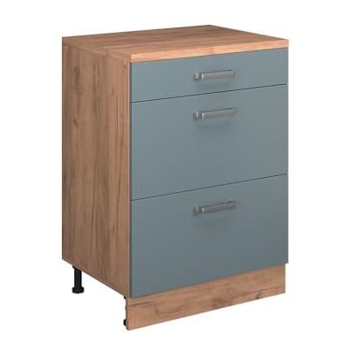 Vicco Commode d'extension "Rion", Bleu-gris/Chêne doré, 60x46cm sans pente avec 3 tiroirs, combinable avec les armoires sous pente et modules d'armoire Rion Vicco Commode d'extension "Rion", Bleu-gris/Chêne doré, 60x46cm sans pente avec 3 tiroirs, combinable avec les armoires sous pente et modules d'armoire Rion