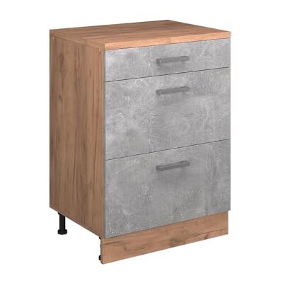 Vicco Commode d'extension "Rion", Béton/Chêne doré, 60x46cm sans pente avec 3 tiroirs, combinable avec les armoires sous pente et modules d'armoire Rion Vicco Commode d'extension "Rion", Béton/Chêne doré, 60x46cm sans pente avec 3 tiroirs, combinable avec les armoires sous pente et modules d'armoire Rion