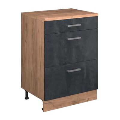Vicco Commode d'extension "Rion", Béton noir/Chêne doré, 60x46cm sans pente avec 3 tiroirs, combinable avec les armoires sous pente et modules d'armoire Rion Vicco Commode d'extension "Rion", Béton noir/Chêne doré, 60x46cm sans pente avec 3 tiroirs, combinable avec les armoires sous pente et modules d'armoire Rion