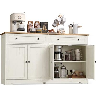 VASAGLE Siren Collection Meuble de Rangement, Buffet de Cuisine, Style Maison de Campagne, avec 2 Tiroirs, Étagères Réglables, 4 Portes, Bar à Café, 40 x 140 x 80 cm, Blanc Rustique LSC541WJ01 VASAGLE Siren Collection Meuble de Rangement, Buffet de Cuisine, Style Maison de Campagne, avec 2 Tiroirs, Étagères Réglables, 4 Portes, Bar à Café, 40 x 140 x 80 cm, Blanc Rustique LSC541WJ01