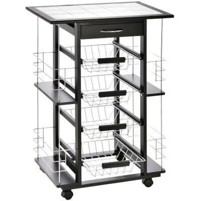 HOMCOM Chariot de Service desserte de Cuisine à roulettes Multi-rangements 4 paniers métal tiroir + 4 Range-Bouteilles Bois pin Noir Plateau carrelé Blanc HOMCOM Chariot de Service desserte de Cuisine à roulettes Multi-rangements 4 paniers métal tiroir + 4 Range-Bouteilles Bois pin Noir Plateau carrelé Blanc