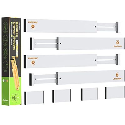 ANTOWIN Lot de 8 séparateurs de tiroir en bambou réglables de 43 à 56 cm de long Organiseur à ressort pour grands ustensiles, vêtements, outils 4 séparateurs + 4 déflecteurs (blanc) ANTOWIN Lot de 8 séparateurs de tiroir en bambou réglables de 43 à 56 cm de long Organiseur à ressort pour grands ustensiles, vêtements, outils 4 séparateurs + 4 déflecteurs (blanc)