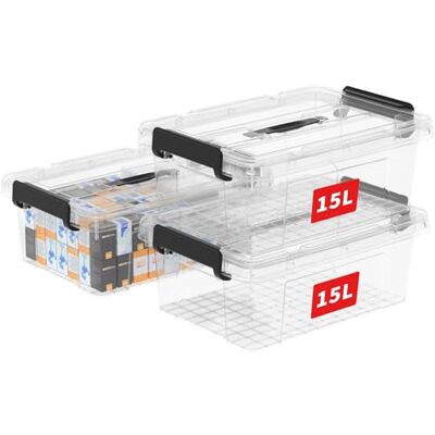 Cetomo 15L*3 Boîte de Rangement, Bac de rangement avec Poignée, Plastique Organisateur avec Couvercle, Empilable, Transportable, pour Vêtements, Bureau, Chambre, Dortoirs, Transparent, 15L Lot de 3 Cetomo 15L*3 Boîte de Rangement, Bac de rangement avec Poignée, Plastique Organisateur avec Couvercle, Empilable, Transportable, pour Vêtements, Bureau, Chambre, Dortoirs, Transparent, 15L Lot de 3