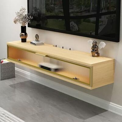JKJZSALJ Petit support TV, console TV flottante avec porte en verre rabattable, pour chambre à coucher, salle multimédia, petit salon, naturel, 120 cm JKJZSALJ Petit support TV, console TV flottante avec porte en verre rabattable, pour chambre à coucher, salle multimédia, petit salon, naturel, 120 cm