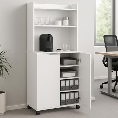 BAKAJI Coffee Station de bureau mobile avec 4 roues pivotantes avec frein, armoire peu encombrante, station de café, buffet coin bar et collation multi-usages, meuble avec 2 portes blanc BAKAJI Coffee Station de bureau mobile avec 4 roues pivotantes avec frein, armoire peu encombrante, station de café, buffet coin bar et collation multi-usages, meuble avec 2 portes blanc