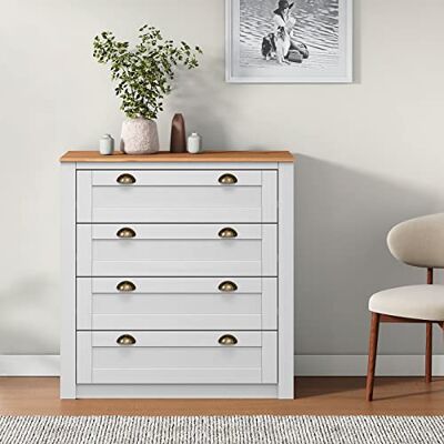 IDIMEX Commode Chambre Bolton L 91 cm en Bois Massif, Blanc et Brun avec 4 Grands tiroirs et poignées Coquille, Meuble de Rangement lasuré Adulte Style Maison de Campagne Couleur Blanche IDIMEX Commode Chambre Bolton L 91 cm en Bois Massif, Blanc et Brun avec 4 Grands tiroirs et poignées Coquille, Meuble de Rangement lasuré Adulte Style Maison de Campagne Couleur Blanche