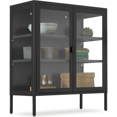 tectake ® Armoire à vitrine en métal 80 x 37 x 90,5 cm Portes en verre avec fermeture magnétique Meuble bas industriel sur pieds Étagères réglables Buffet Armoire à vitrines Noir tectake ® Armoire à vitrine en métal 80 x 37 x 90,5 cm Portes en verre avec fermeture magnétique Meuble bas industriel sur pieds Étagères réglables Buffet Armoire à vitrines Noir