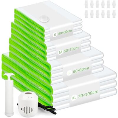 NVIYAM Lot de 12 sacs sous vide pour vêtements de voyage et couettes, avec pompe électrique et manuelle (3 grands/3 grands/3 moyens/3 petits) NVIYAM Lot de 12 sacs sous vide pour vêtements de voyage et couettes, avec pompe électrique et manuelle (3 grands/3 grands/3 moyens/3 petits)