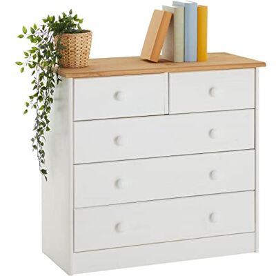 IDIMEX Commode de Chambre Rondo Meuble de Rangement avec 5 tiroirs, en pin Massif lasuré Blanc et Brun IDIMEX Commode de Chambre Rondo Meuble de Rangement avec 5 tiroirs, en pin Massif lasuré Blanc et Brun
