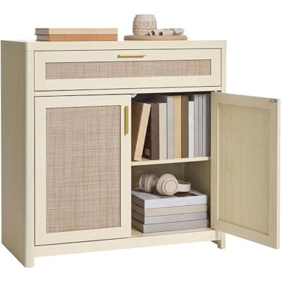 VASAGLE ELLAN BBK601LC01 Buffet de style bohème avec portes effet rotin et coins arrondis, étagère réglable, tiroir, salle à manger, beige naturel VASAGLE ELLAN BBK601LC01 Buffet de style bohème avec portes effet rotin et coins arrondis, étagère réglable, tiroir, salle à manger, beige naturel