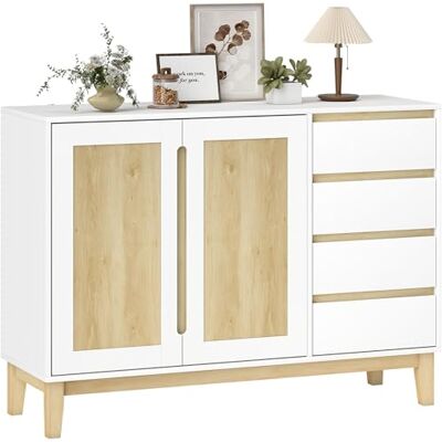 HOMCOM Buffet, Meuble de Rangement avec 2 Portes et 4 tiroirs, étagère réglable, Pieds en Bois de Caoutchouc, Style Nordique, Buffet Salle à Manger, Cuisine et Salon, 120 x 40 x 86 cm, Blanc et chêne HOMCOM Buffet, Meuble de Rangement avec 2 Portes et 4 tiroirs, étagère réglable, Pieds en Bois de Caoutchouc, Style Nordique, Buffet Salle à Manger, Cuisine et Salon, 120 x 40 x 86 cm, Blanc et chêne
