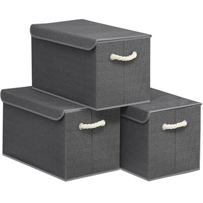 SONGMICS Boîte de rangement avec couvercle, Lot de 3, Pliable, Paniers en tissu, Organisateur, pour Armoire, Poignées, pour Chambre, Salon, 50 x 30 x 30 cm, Gris ardoise RFB050GZ01 SONGMICS Boîte de rangement avec couvercle, Lot de 3, Pliable, Paniers en tissu, Organisateur, pour Armoire, Poignées, pour Chambre, Salon, 50 x 30 x 30 cm, Gris ardoise RFB050GZ01