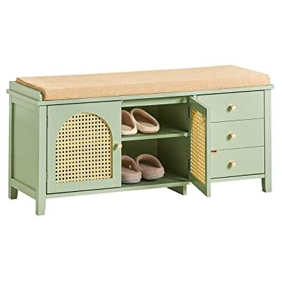 SoBuy Banc de rangement à chaussures avec étagère réglable – Étagère à chaussures avec coussin d'assise et 3 tiroirs pour le rangement du couloir – MDF vert – pour entrée et salon – Assemblage facile SoBuy Banc de rangement à chaussures avec étagère réglable – Étagère à chaussures avec coussin d'assise et 3 tiroirs pour le rangement du couloir – MDF vert – pour entrée et salon – Assemblage facile