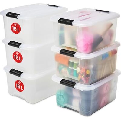 Iris Ohyama , Lot de 6 boîtes de rangement, 15 L, avec clips, empilable, salon, chambre, garage Top Box TB-15 Transparent Iris Ohyama , Lot de 6 boîtes de rangement, 15 L, avec clips, empilable, salon, chambre, garage Top Box TB-15 Transparent
