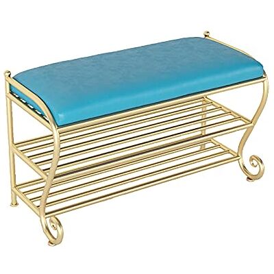 LDTTYRC Banc de rangement de chaussures véranda moderne pour couloir, 2 niveaux en métal organisateur de chaussures, entrée luxueuse banc à chaussures avec siège en cuir synthétique bleu 60 x 35 x 45 LDTTYRC Banc de rangement de chaussures véranda moderne pour couloir, 2 niveaux en métal organisateur de chaussures, entrée luxueuse banc à chaussures avec siège en cuir synthétique bleu 60 x 35 x 45