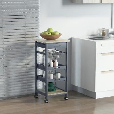 HOMCOM Chariot de Service Desserte de Cuisine à Roulettes Gris Chêne Clair Panier, 2 Plateaux Amovibles, Tiroir, Étagère MDF Bois de Pin HOMCOM Chariot de Service Desserte de Cuisine à Roulettes Gris Chêne Clair Panier, 2 Plateaux Amovibles, Tiroir, Étagère MDF Bois de Pin