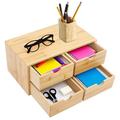TTISJHK Boîte de rangement en bambou avec 4 tiroirs, organisateur de bureau pour bureau et bureau à domicile, boîte de rangement pour documents, cosmétiques et accessoires, organiseur en bois peu TTISJHK Boîte de rangement en bambou avec 4 tiroirs, organisateur de bureau pour bureau et bureau à domicile, boîte de rangement pour documents, cosmétiques et accessoires, organiseur en bois peu