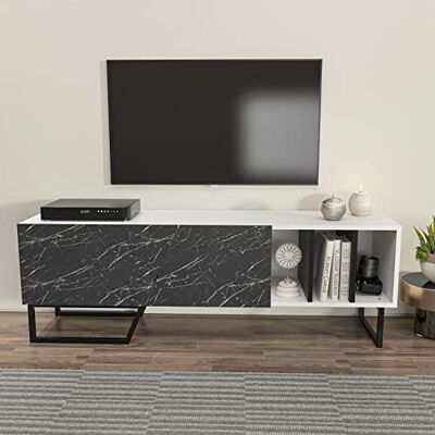 DECOROTIKA Meuble TV moderne Linossa avec pieds robustes en métal, étagères et armoires ouvertes (effet marbre noir et noir) DECOROTIKA Meuble TV moderne Linossa avec pieds robustes en métal, étagères et armoires ouvertes (effet marbre noir et noir)