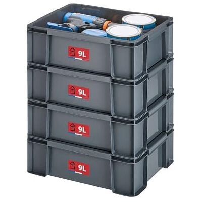 Sundis Master Box, bac de rangement plastique 9L, x4, robuste, gris Renforcé, parois droites, superposable, idéale pour l'atelier, le transport, le garage, le bricolage, le jardinage Sundis Master Box, bac de rangement plastique 9L, x4, robuste, gris Renforcé, parois droites, superposable, idéale pour l'atelier, le transport, le garage, le bricolage, le jardinage