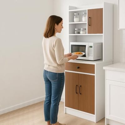 BAKAJI Armoire de cuisine haute polyvalente, armoire de salon, salle à manger, système de sécurité, meuble de rangement avec 2 portes et 1 tiroir 55 x 40 x 180 cm (blanc et chêne) BAKAJI Armoire de cuisine haute polyvalente, armoire de salon, salle à manger, système de sécurité, meuble de rangement avec 2 portes et 1 tiroir 55 x 40 x 180 cm (blanc et chêne)