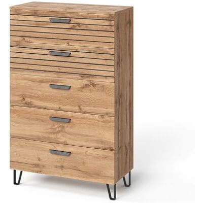 Vicco Commode avec tiroirs "Amber", Chêne Wotan, 80x127.6cm avec 5 tiroirs, avec compartiment de rangement pour espace de stockage supplémentaire Vicco Commode avec tiroirs "Amber", Chêne Wotan, 80x127.6cm avec 5 tiroirs, avec compartiment de rangement pour espace de stockage supplémentaire