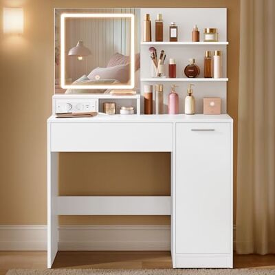 VASAGLE Coiffeuse avec miroir LED, 1 Tiroir, 2 Étagères, Placard Table de maquillage, organisateur de maquillage, Blanc Nuage, Collection Custos RDT138W01 VASAGLE Coiffeuse avec miroir LED, 1 Tiroir, 2 Étagères, Placard Table de maquillage, organisateur de maquillage, Blanc Nuage, Collection Custos RDT138W01